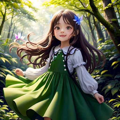 a girl in a green dress is walking through the woods with long hair and a blue bow in her hair
