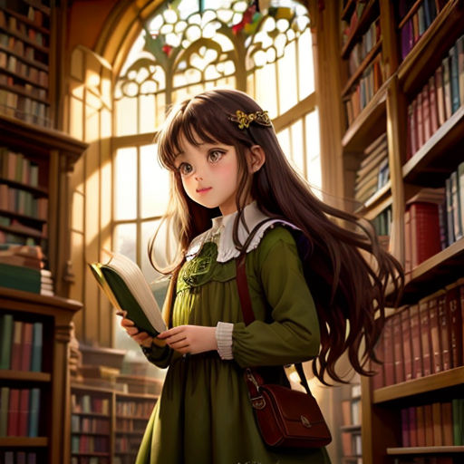 a girl in a green dress is reading a book in a library with a stained glass window behind her