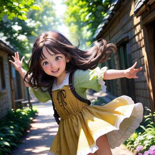 a young girl is jumping in the air in a dress and shoes with her arms outstretched in the air