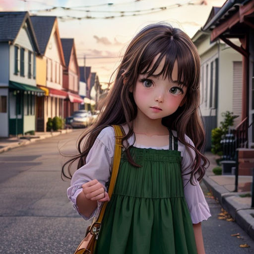 a little girl in a green dress is standing on the street with a handbag in her hand and a house in the background