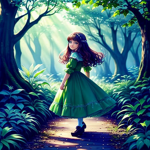 a girl in a green dress standing in the woods with trees and grass behind her, looking at the camera