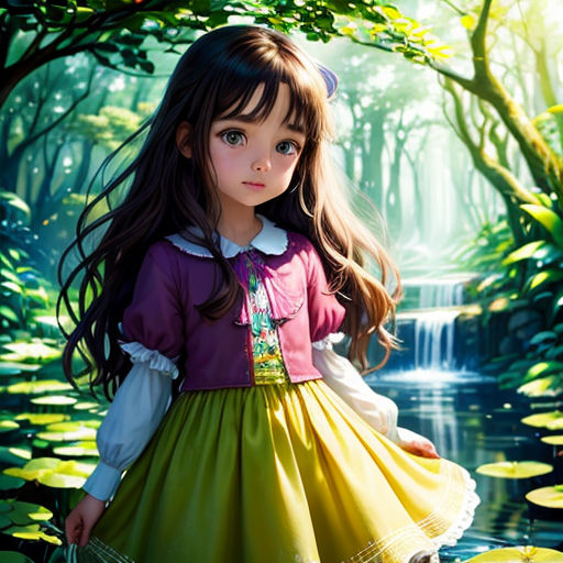 a painting of a girl in a forest with lily pads and a waterfall in the background, with a green and pink dress