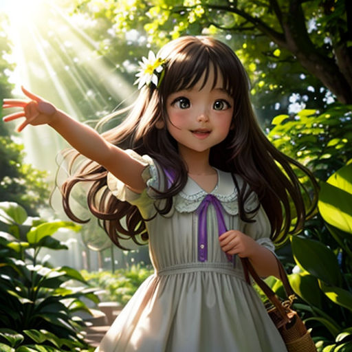 a little girl in a dress is holding her arms out and smiling at the camera while standing in a garden