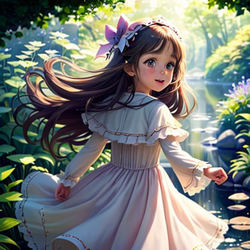 a girl in a dress walking through a forest with flowers and a stream of water in the background, with a pink bow in her hair