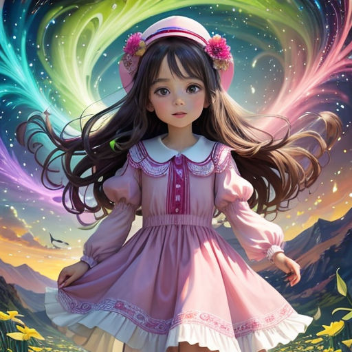 a girl in a dress and hat standing in a field with flowers and a rainbow swirl in the background