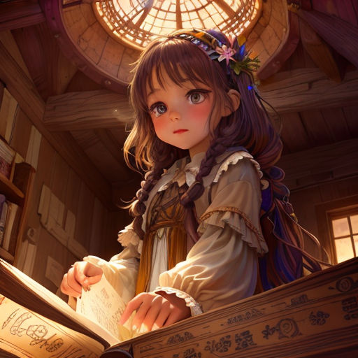 a girl is reading a book in a room with a window and a stained glass window above her head