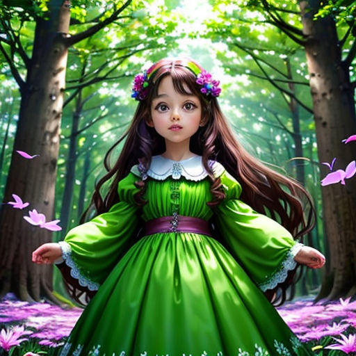 a girl in a green dress standing in a forest with butterflies around her and a butterfly in her hair