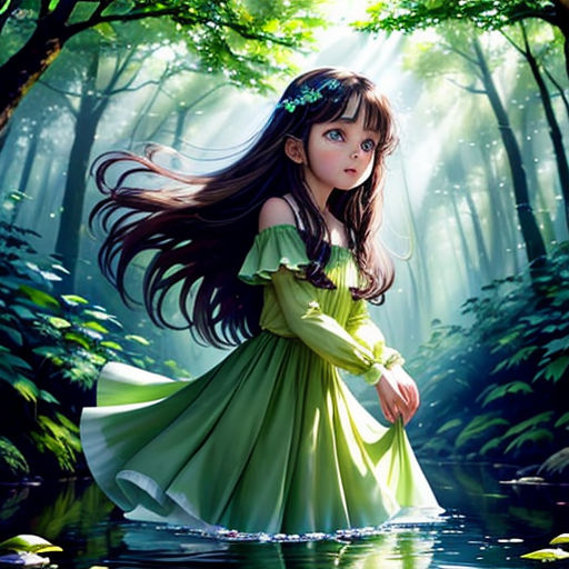 a girl in a green dress is standing in the water in a forest with trees and leaves on the ground