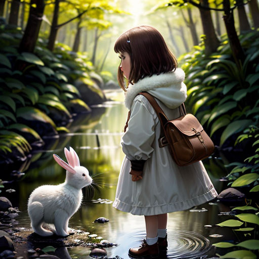 a little girl standing next to a white rabbit in a forest with a stream of water and trees in the background