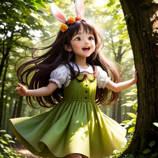 a little girl in a green dress and bunny ears is standing in the woods with her arms outstretched and her hair in the air