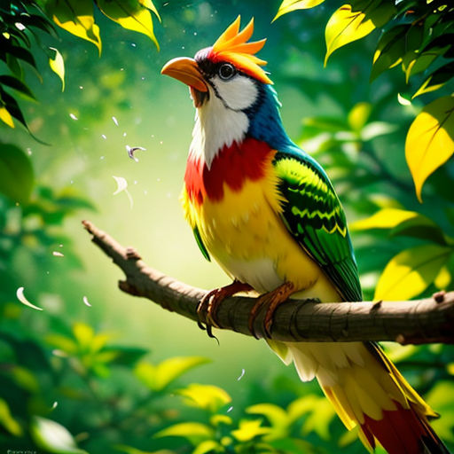 a colorful bird perched on a branch in a tree with leaves and a butterfly in the background, with a green light behind it