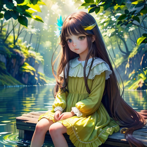 a girl sitting on a dock in a forest with a bird in her hair and a green dress with a blue feather
