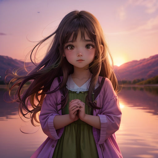 a little girl standing on a lake with her hands together and a sunset in the background with mountains and clouds