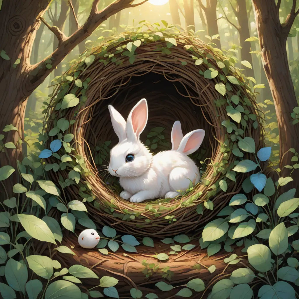 a painting of a white rabbit sitting in a nest in a forest with a bird's nest in the foreground, fantasy art, a storybook illustration, Chris LaBrooy, rossdraws global illumination