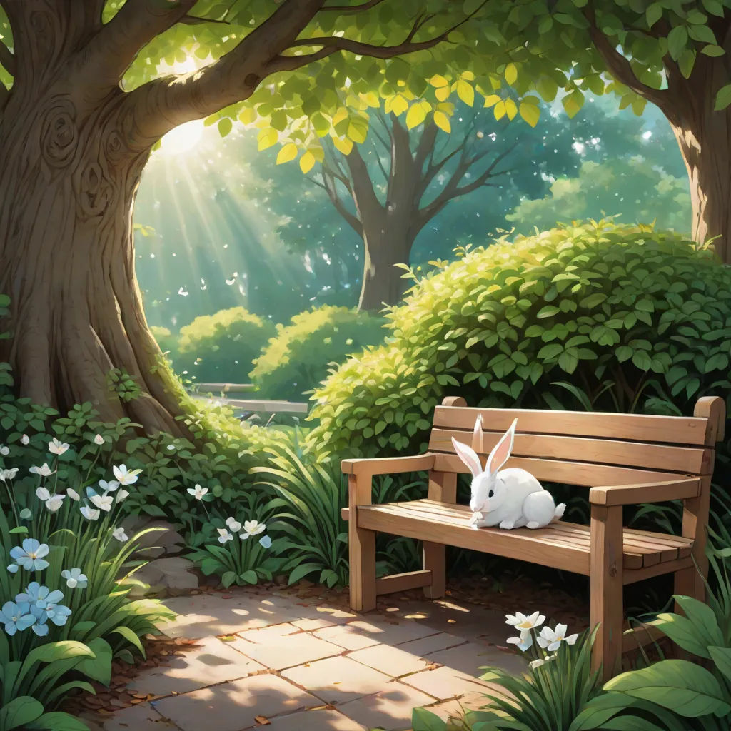a painting of a rabbit sitting on a bench in a park with a tree and flowers surrounding it and a path leading to a bench, magic realism, a storybook illustration, Alice Prin, rossdraws global illumination