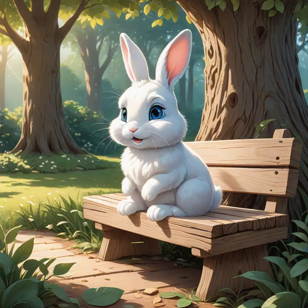 a white rabbit sitting on a wooden bench in a park with trees and grass around it, with a blue eyes, altermodern, an airbrush painting, Clint Cearley, rossdraws global illumination