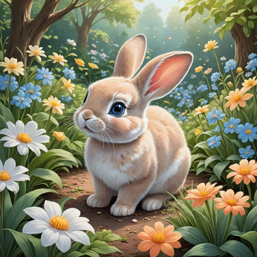a painting of a rabbit in a field of flowers and daisies with a forest background and trees in the background, furry art, a detailed painting, Chris LaBrooy, rossdraws global illumination