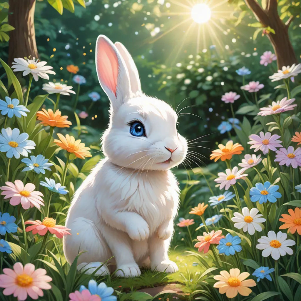 a white rabbit sitting in a field of flowers with the sun shining behind it and a forest of flowers, furry art, a detailed painting, Aaron Jasinski, rossdraws global illumination