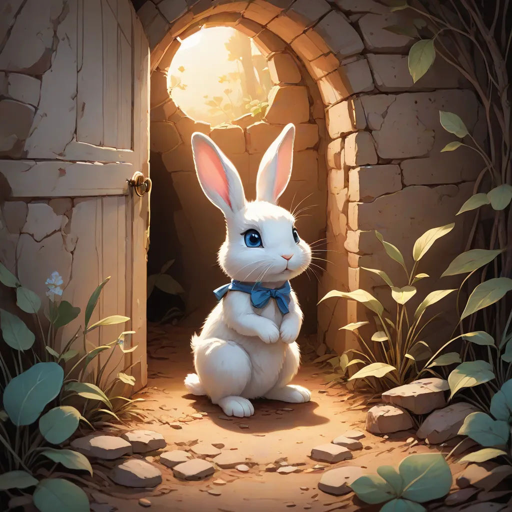 a rabbit sitting in front of a doorway with a light on it's face and a blue bow tie around its neck, altermodern, a storybook illustration, Clint Cearley, rossdraws global illumination