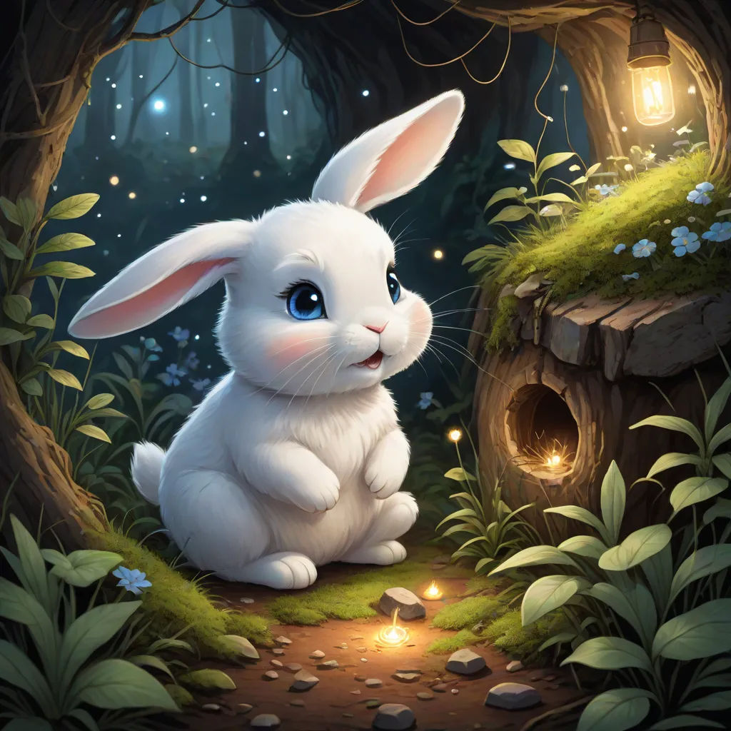 a white rabbit sitting in a forest with a light on it's head and a hole in the ground, fantasy art, a detailed painting, Ed Binkley, rossdraws global illumination