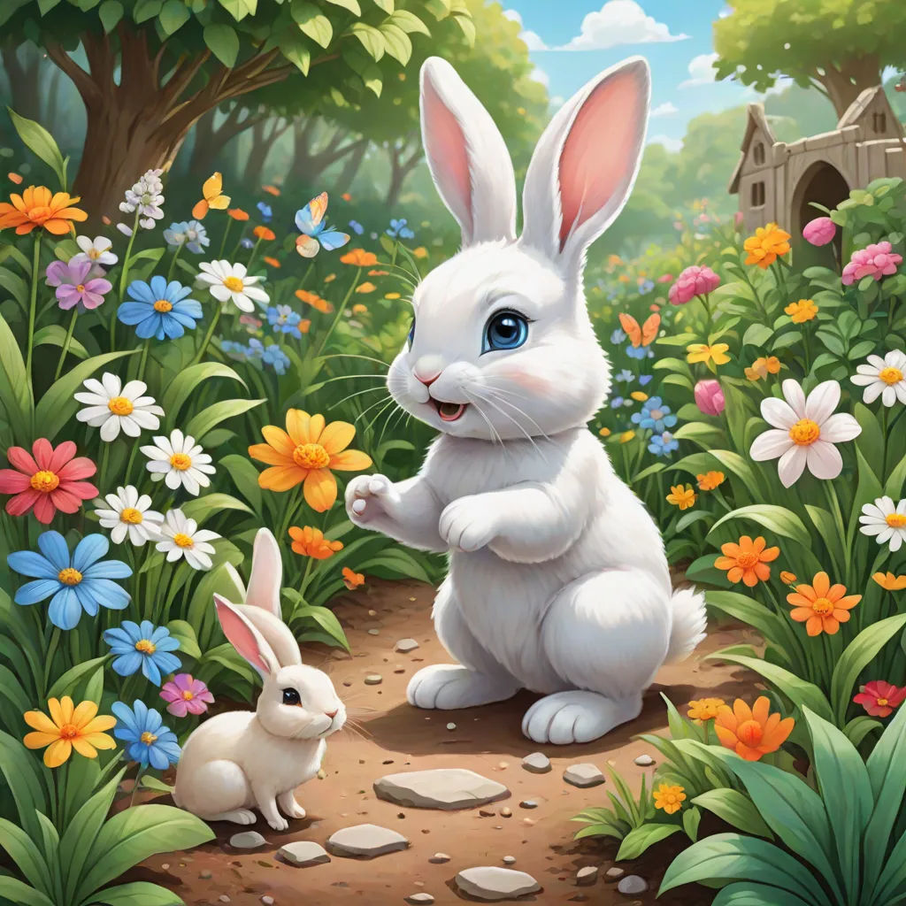 a painting of a white rabbit and a white rabbit in a flowery field with a birdhouse in the background, furry art, a storybook illustration, Anne Stokes, magic the gathering artwork