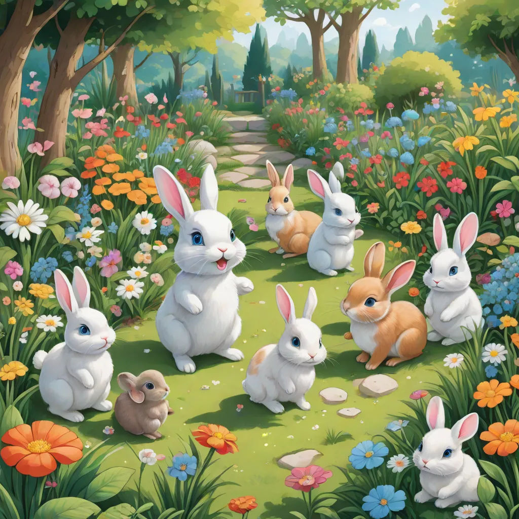 a painting of a group of rabbits in a field of flowers and trees with a path leading to them, furry art, a storybook illustration, Anne Stokes, rossdraws global illumination