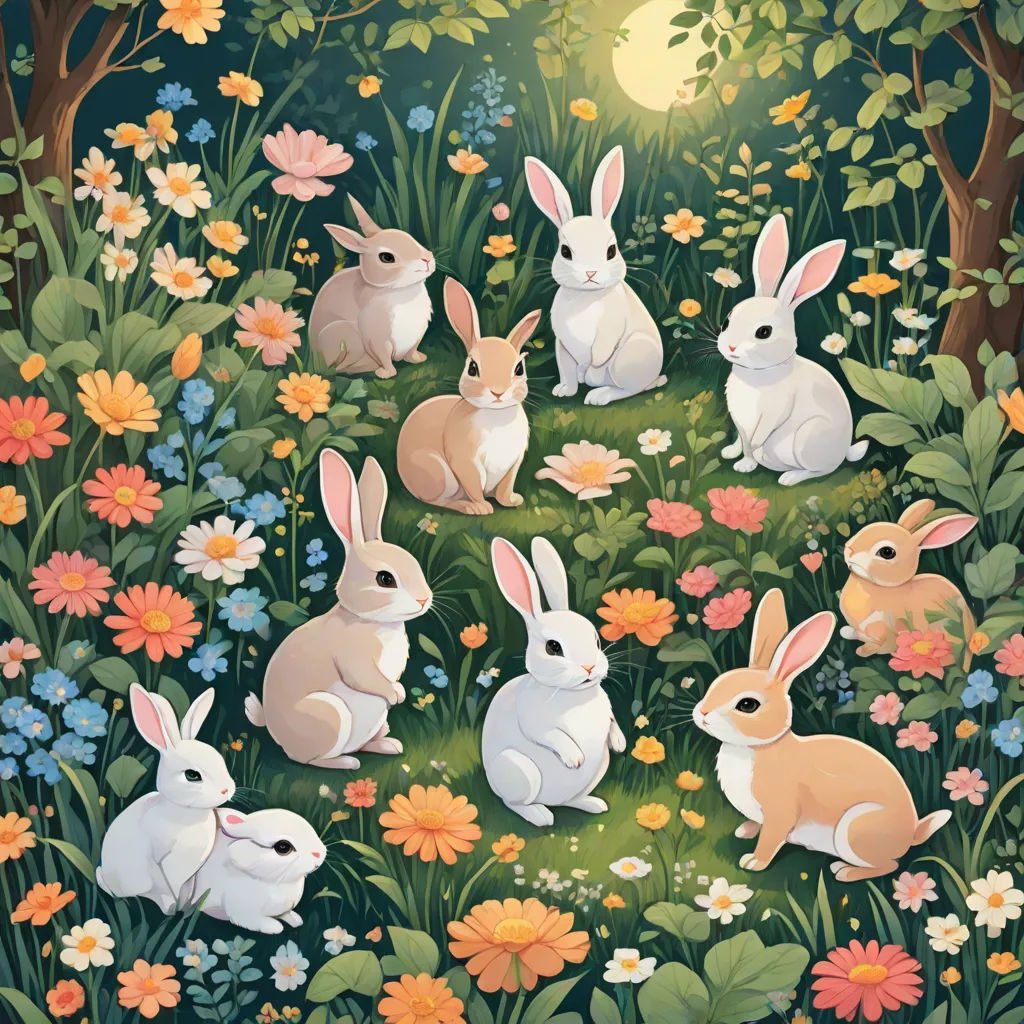a painting of rabbits in a field of flowers and trees with the sun shining through the trees and flowers, naive art, a detailed painting, Annabel Kidston, rossdraws global illumination