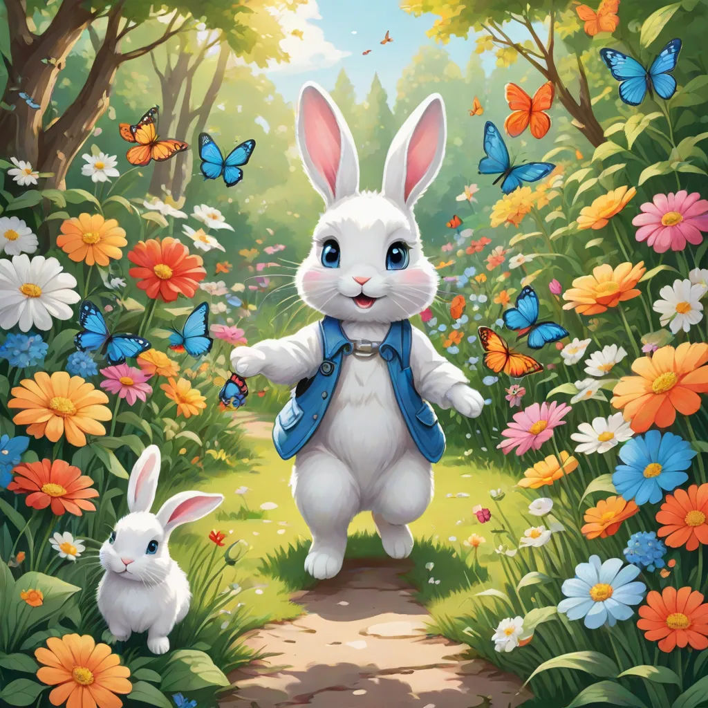 a painting of a bunny and two rabbits in a garden with flowers and butterflies around it, with a butterfly in the background, fantasy art, a storybook illustration, Anne Stokes, official art