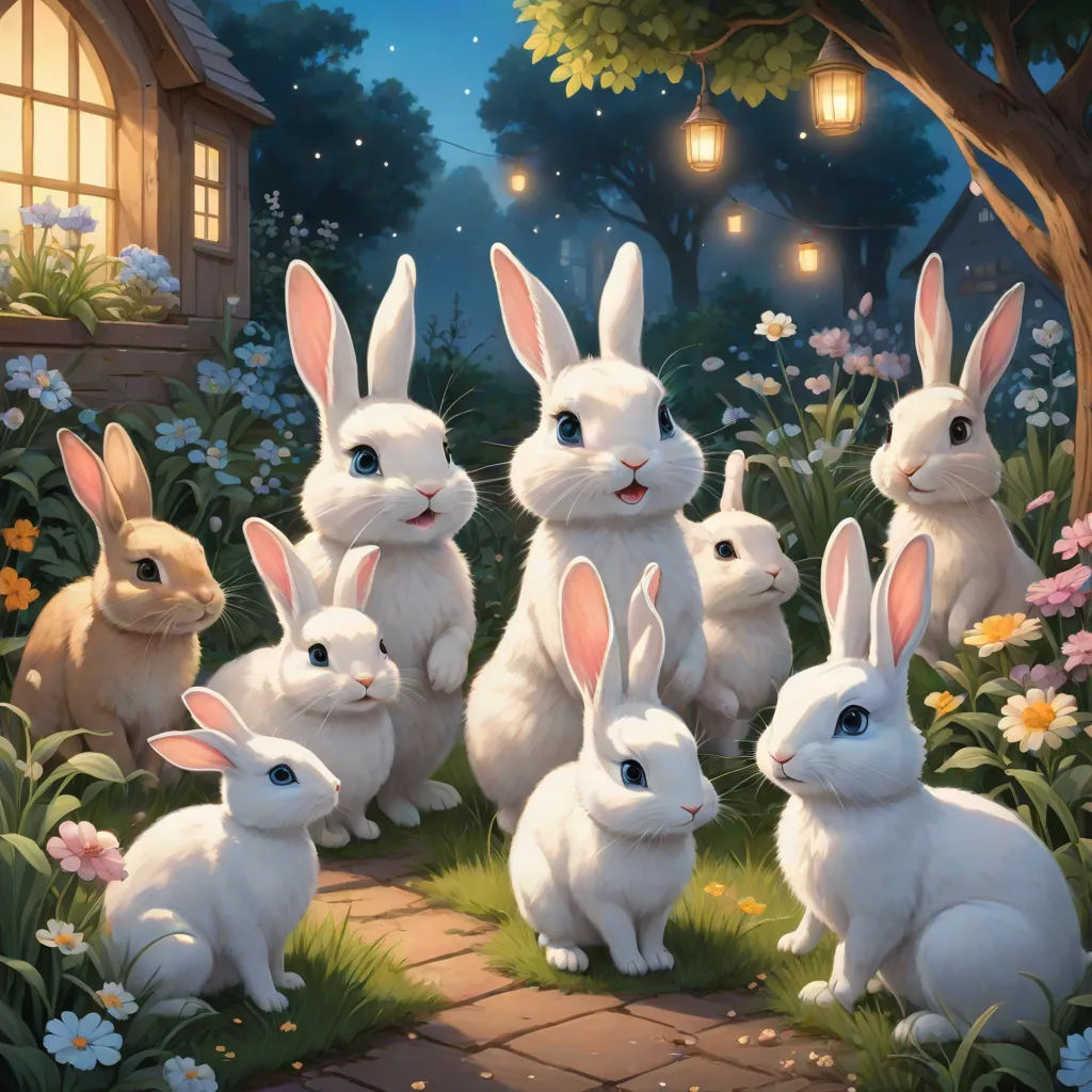 a painting of a group of rabbits in a garden with a house in the background and a lantern in the sky, furry art, a detailed painting, Chris LaBrooy, official art