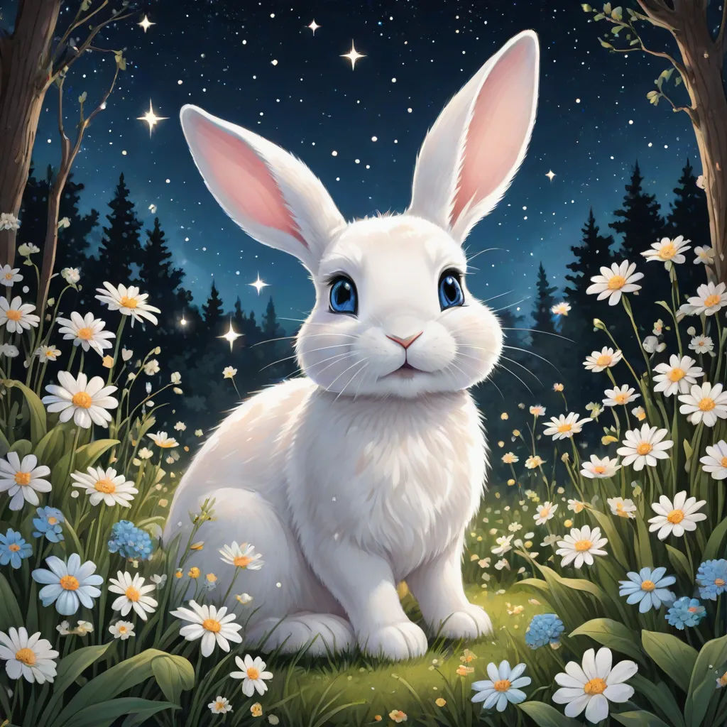 a painting of a white rabbit sitting in a field of flowers and daisies at night with stars in the sky, fantasy art, a detailed painting, Beatrix Potter, official art