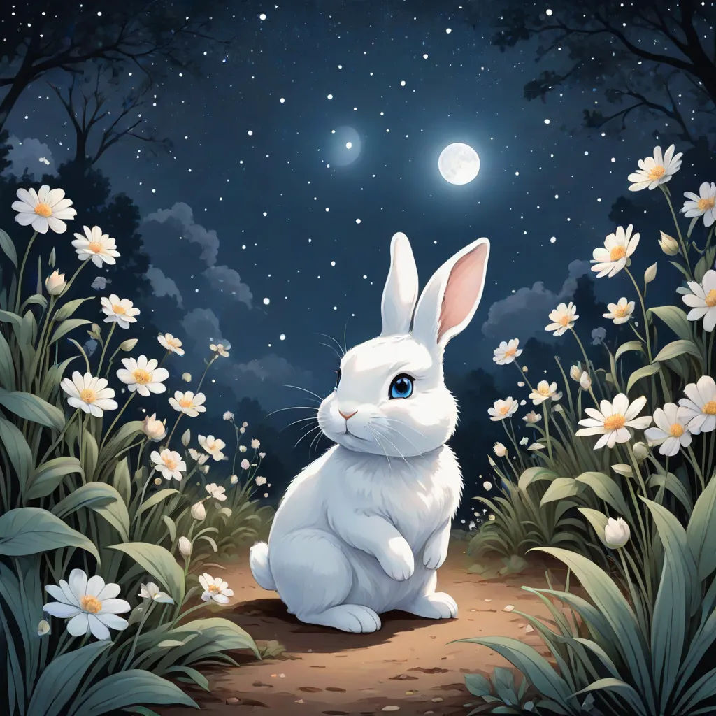 a white rabbit sitting in a field of flowers under a full moon with stars and clouds in the sky, fantasy art, a storybook illustration, Beatrix Potter, rossdraws global illumination