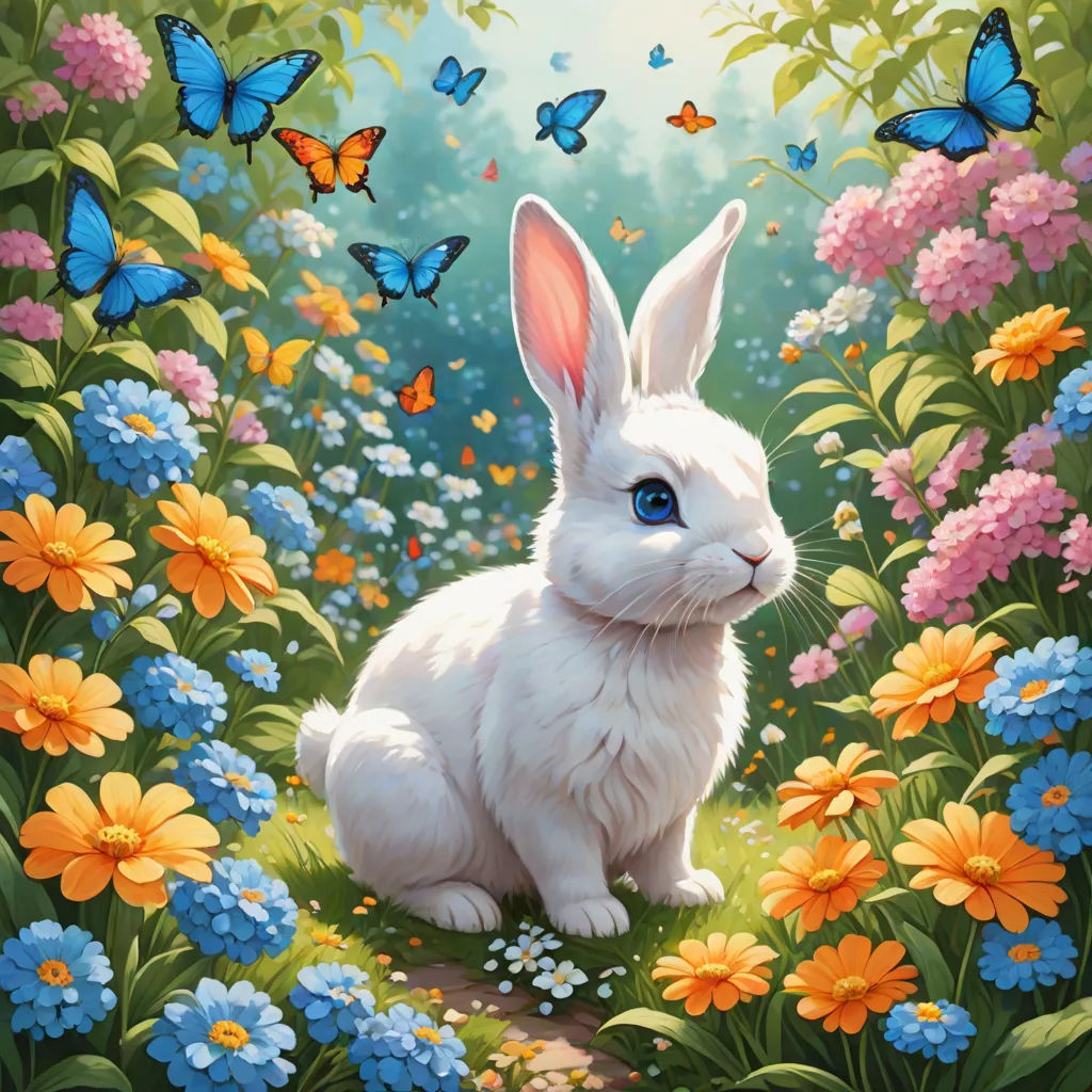 a painting of a white rabbit sitting in a field of flowers and butterflies with a blue eyed eye on the side, fantasy art, an airbrush painting, Aaron Jasinski, rossdraws global illumination