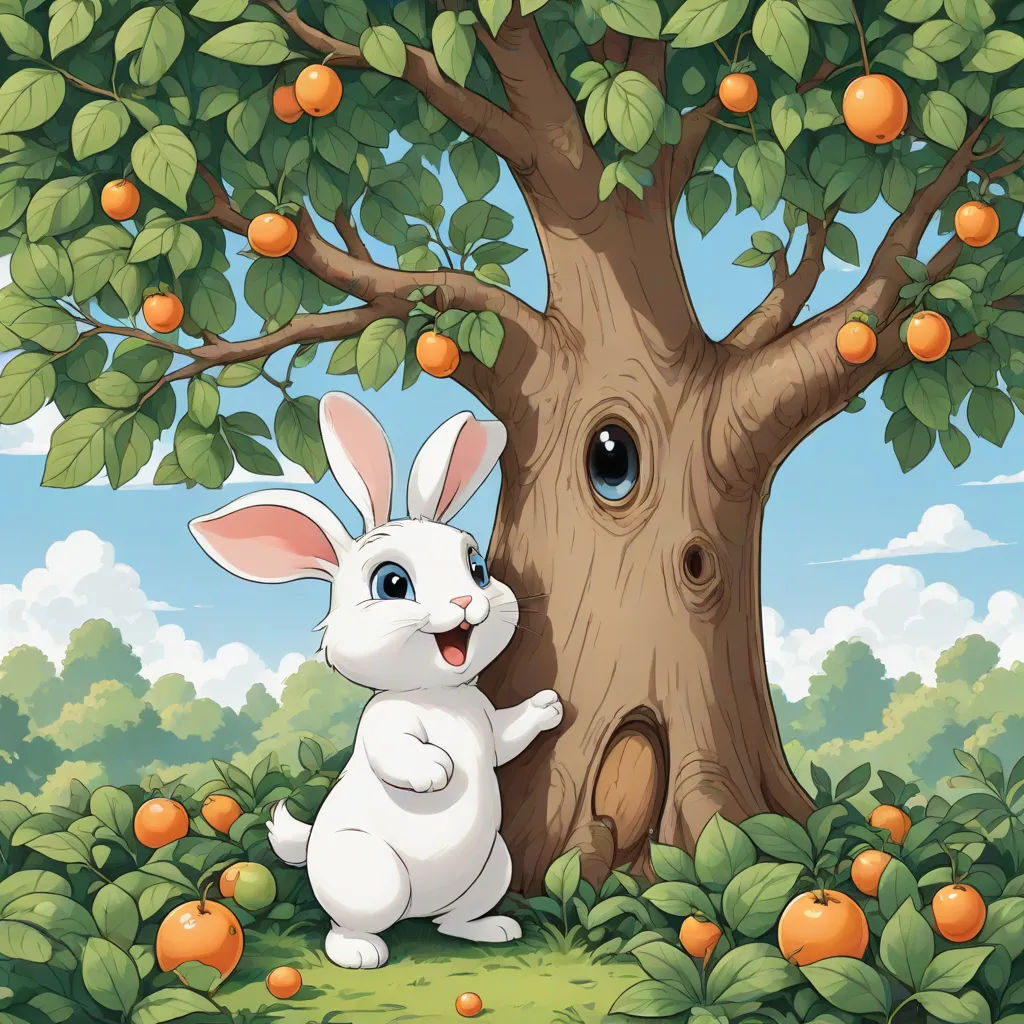 a white rabbit standing in front of a tree with oranges on it's branches and an orange tree with an orange tree in the background, pop surrealism, a storybook illustration, Chris LaBrooy, storybook illustration