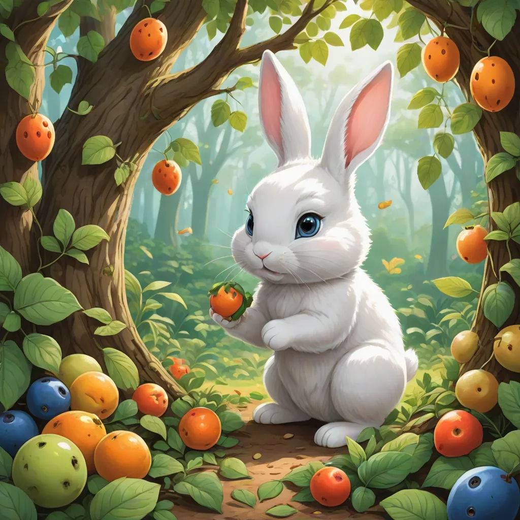 a white rabbit sitting in a forest eating an orange slice with blue eyes and surrounded by oranges and trees, fantasy art, an ultrafine detailed painting, Anne Stokes, magic the gathering artwork