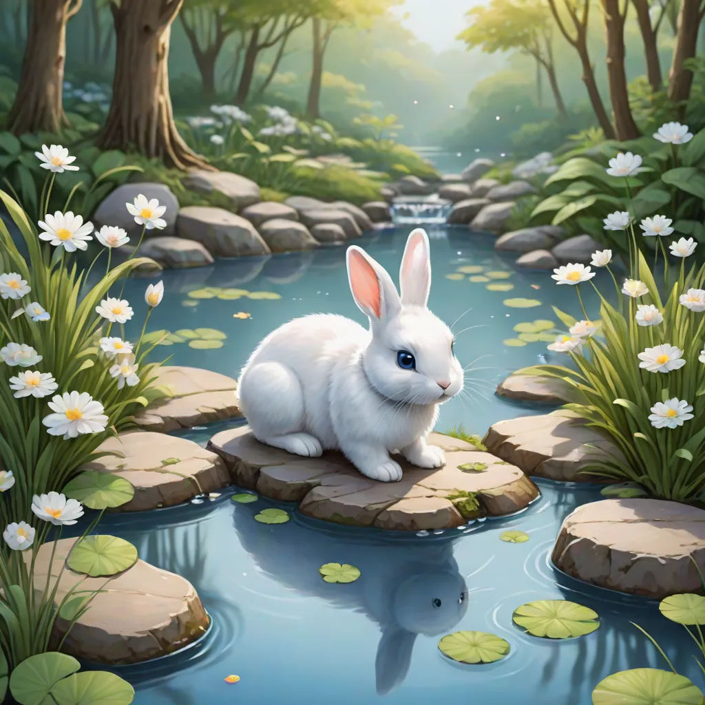 a white rabbit sitting on a rock in a pond of water surrounded by flowers and lily pads with a stream running through it, fantasy art, a storybook illustration, Anne Stokes, rossdraws global illumination