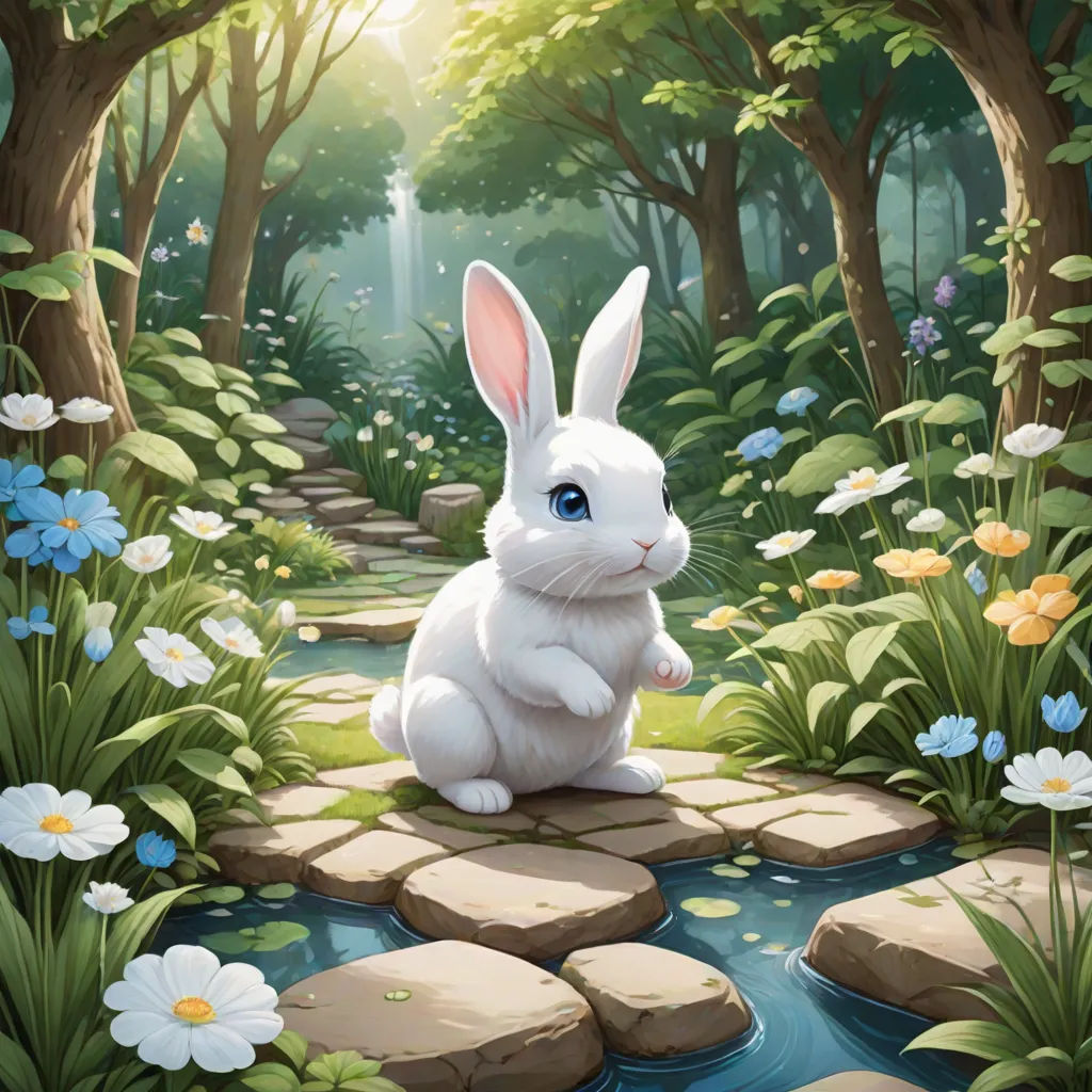 a white rabbit sitting on a rock in a forest with flowers and trees around it, looking at the camera, fantasy art, a storybook illustration, Anne Stokes, official art