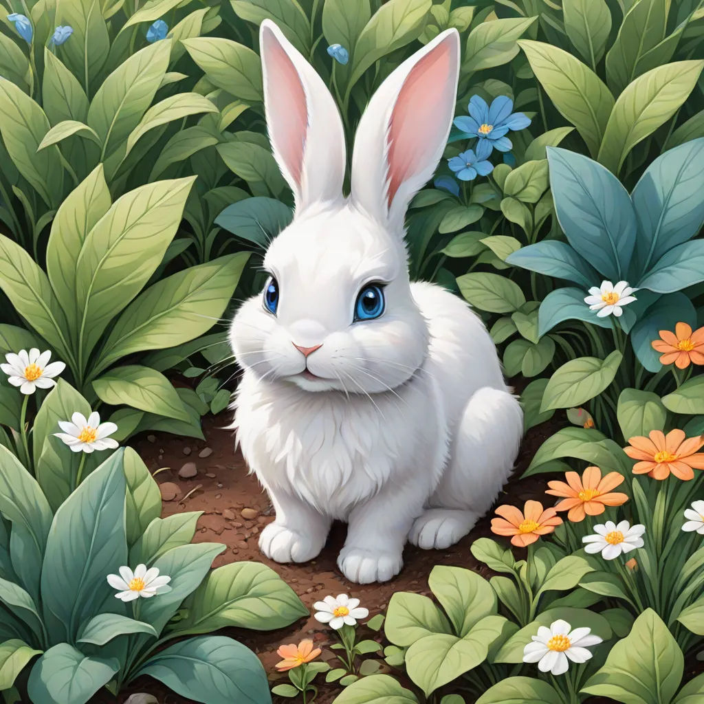 a white rabbit sitting in a field of flowers and plants with blue eyes and a white nose and tail, altermodern, a detailed painting, Aaron Jasinski, rossdraws global illumination