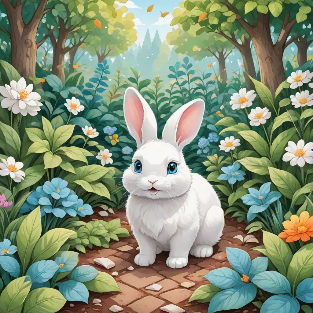 a white rabbit sitting in a forest with flowers and trees around it, looking at the camera with a surprised look on its face, fantasy art, a storybook illustration, Chris LaBrooy, rossdraws global illumination