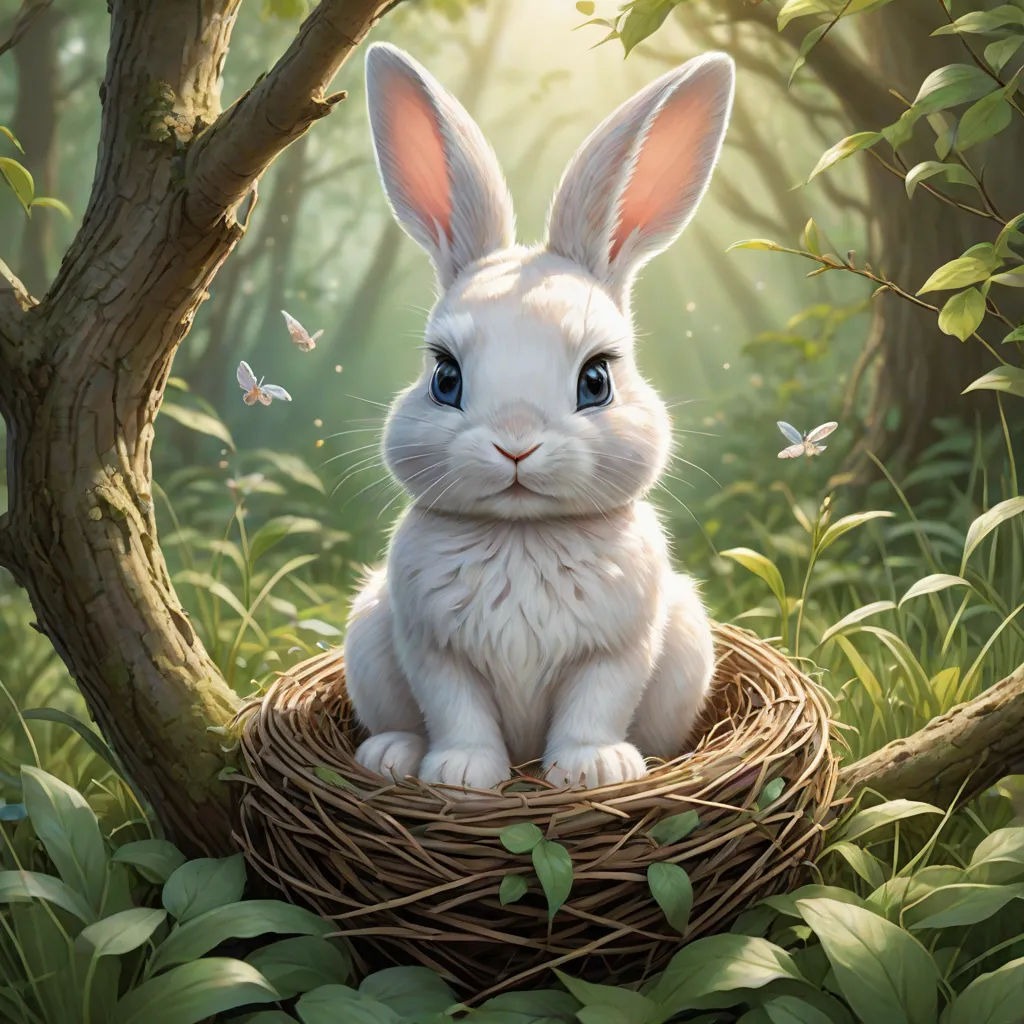 a white rabbit sitting in a nest in a forest with butterflies flying around it and a tree with a butterfly in the background, magic realism, a storybook illustration, Ed Binkley, rossdraws global illumination