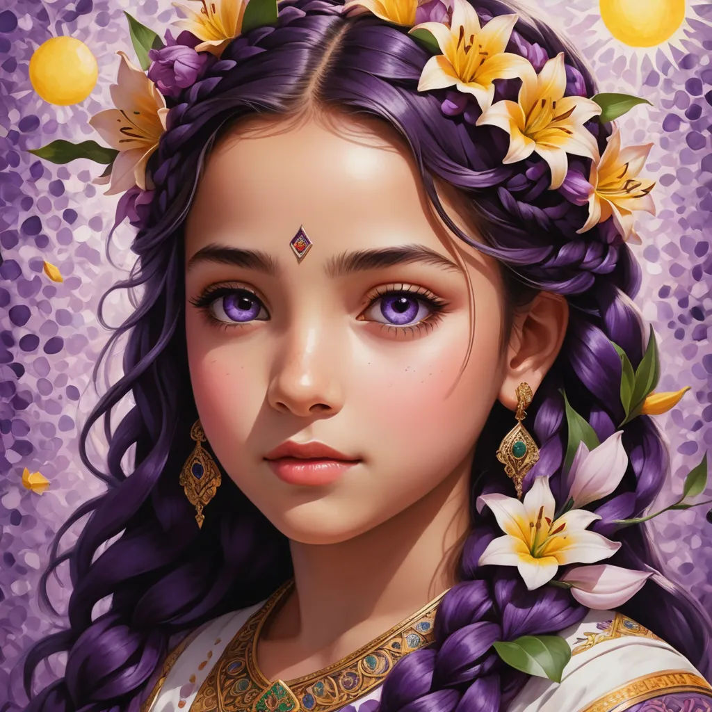 a painting of a girl with purple hair and flowers in her hair, wearing a braid and a flower crown, fantasy art, a detailed painting, Donato Giancola, highly detailed digital painting