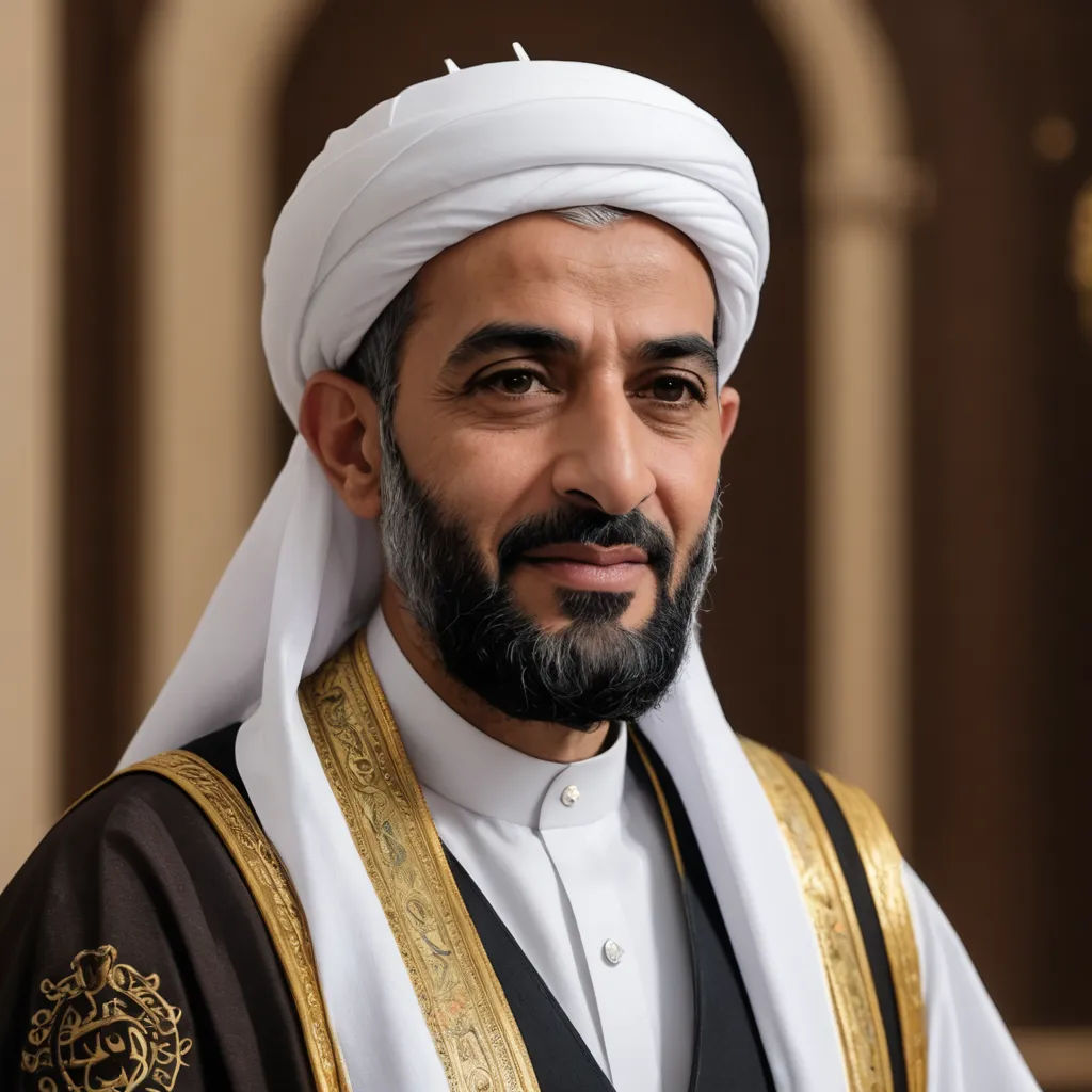 a man in a white turban and black and gold outfit with a beard and a black and gold outfit, precisionism, a character portrait, Abdullah Gërguri, professional photo