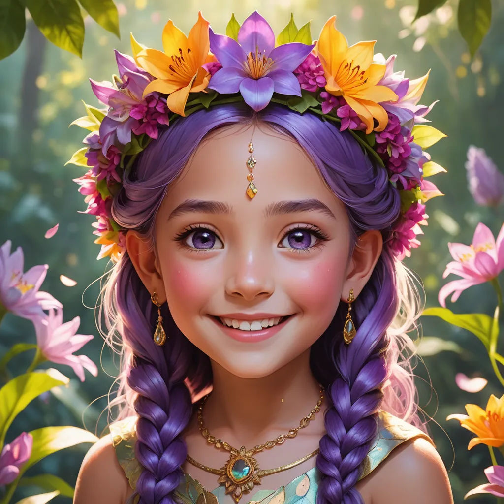 a little girl with purple hair and flowers in her hair and a flower crown on her head and a smile on her face, fantasy art, a character portrait, Clint Cearley, rossdraws global illumination