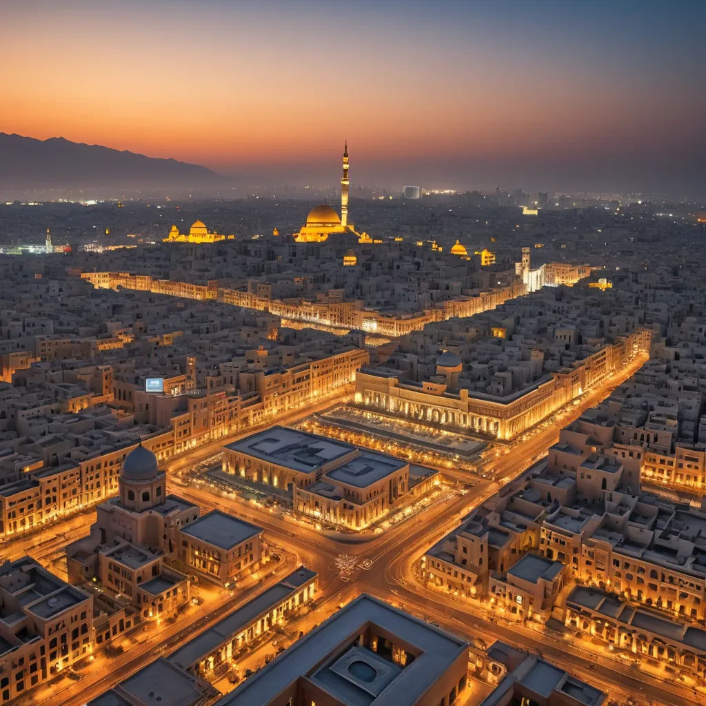 a city with a lot of buildings and lights at night time in the city of lights, lights, and buildings are lit up, dau-al-set, a detailed matte painting, Bouchta El Hayani, city background