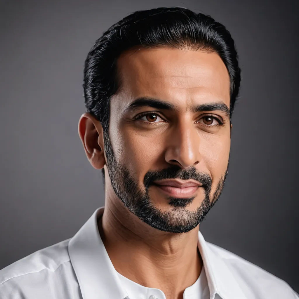 a man with a beard and a white shirt is smiling at the camera with a serious look on his face, precisionism, a character portrait, Ahmed Karahisari, professional photo