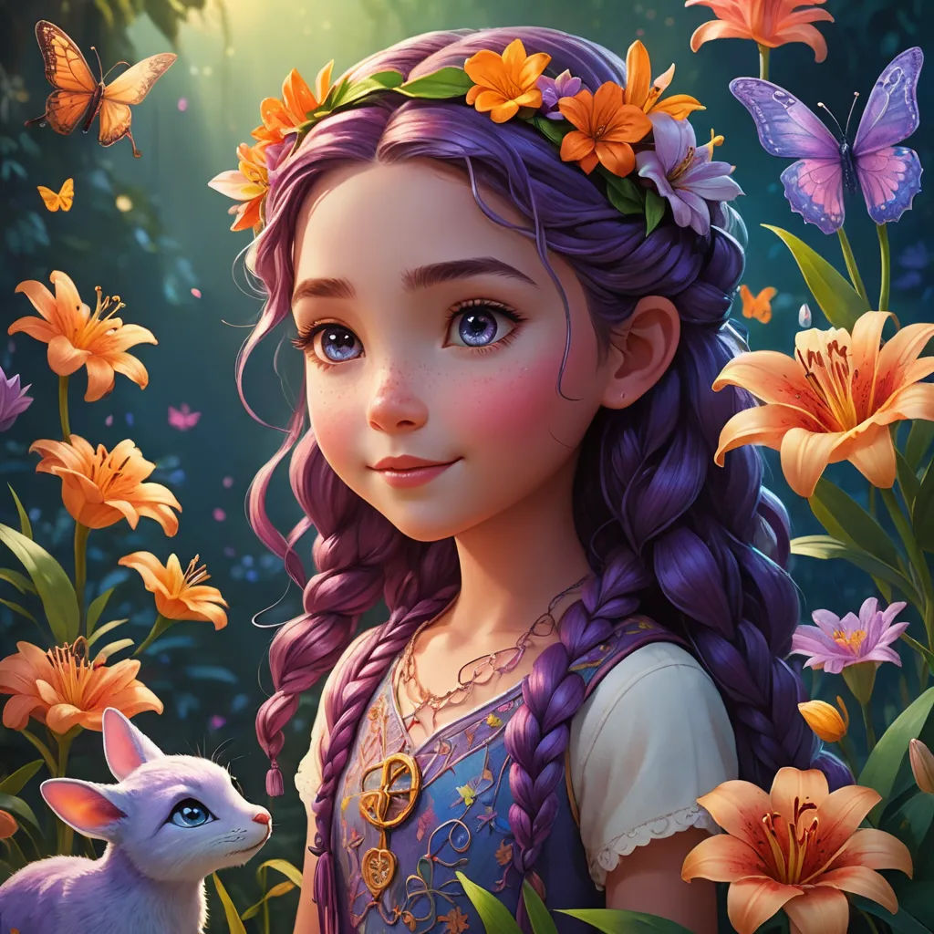 a painting of a girl with purple hair and a purple rabbit in a field of flowers and butterflies with a butterfly in her hair, fantasy art, a detailed painting, Alice Prin, highly detailed digital painting