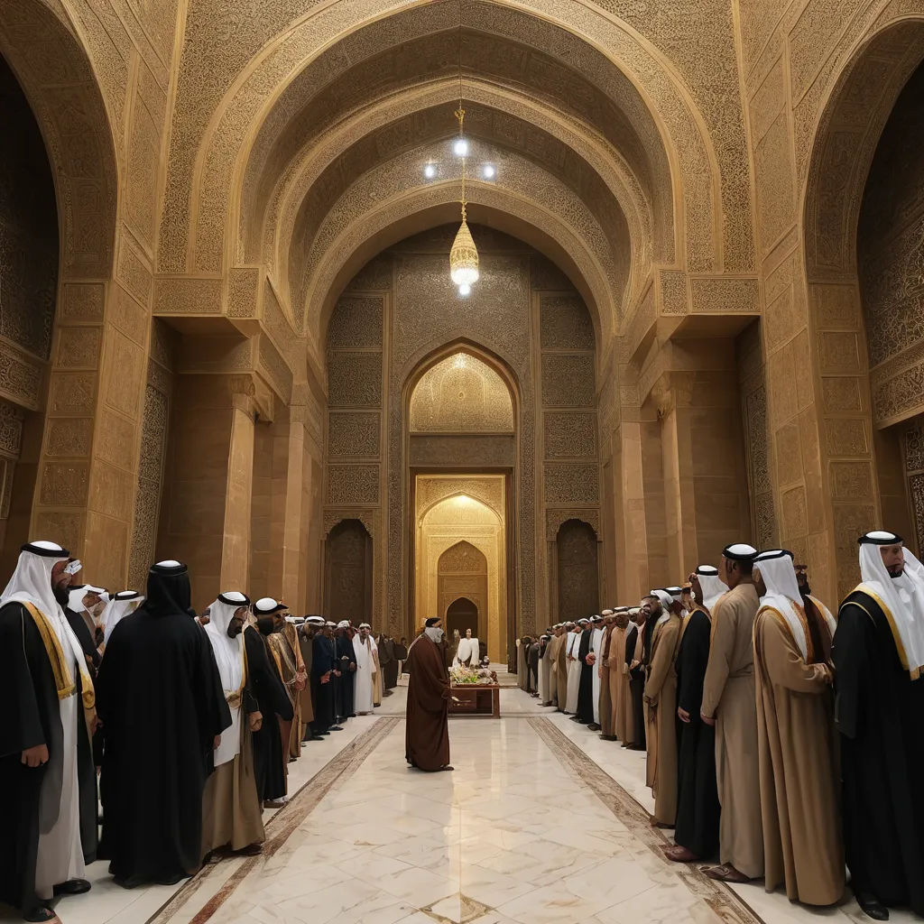 a group of men standing in a hallway together in a building with a ceiling and a light fixture hanging from the ceiling, hurufiyya, a photo, Andreas Gursky, ultra wide angle