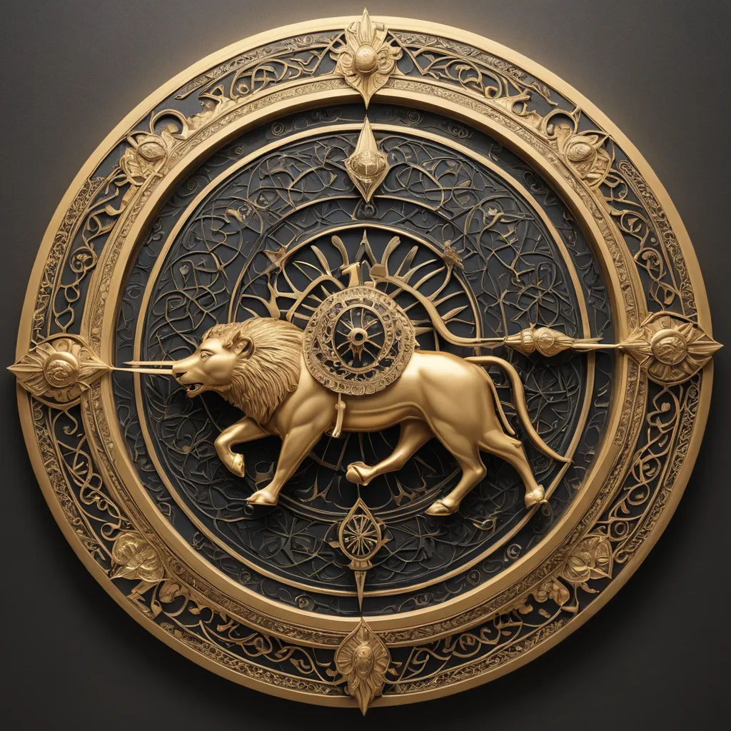 a golden lion on a black background with a circular design around it and a circular design around it with a circular design around it, qajar art, a detailed painting, Chris LaBrooy, sun