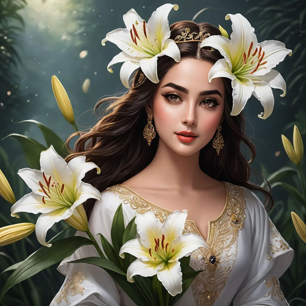 a painting of a woman with flowers in her hair and a crown on her head, holding a bouquet of flowers, fantasy art, a detailed painting, Anne Stokes, highly detailed digital painting