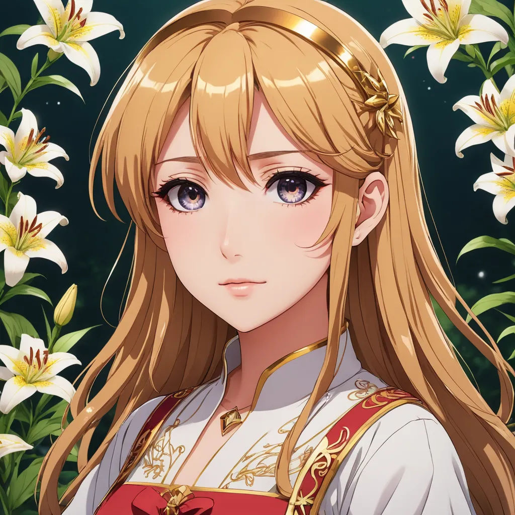 a girl in a red dress standing in front of flowers and lilies with long blonde hair and blue eyes, sots art, a character portrait, Chizuko Yoshida, official art