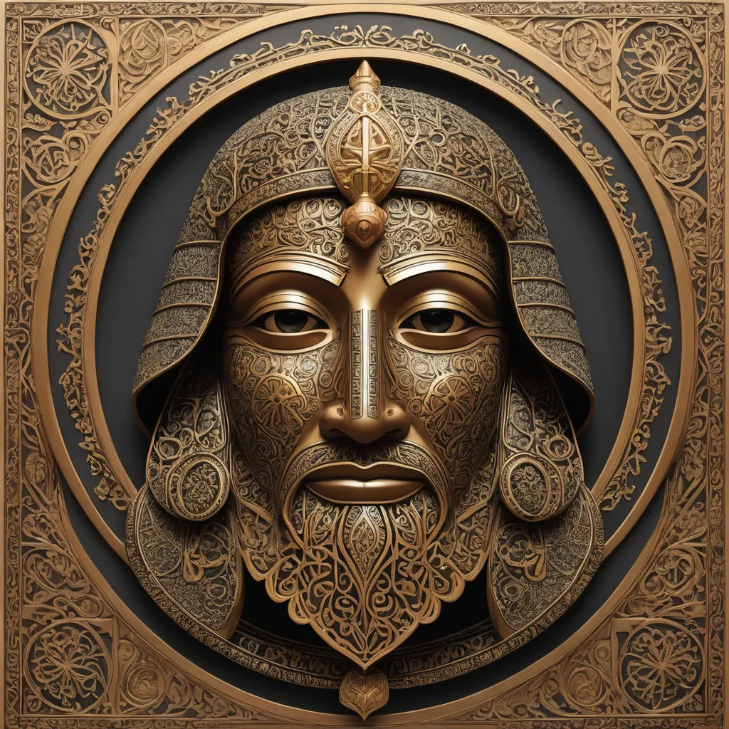 a golden mask with a helmet on it's head in a circle with a pattern on it's face, qajar art, a bronze sculpture, Altoon Sultan, behance hd
